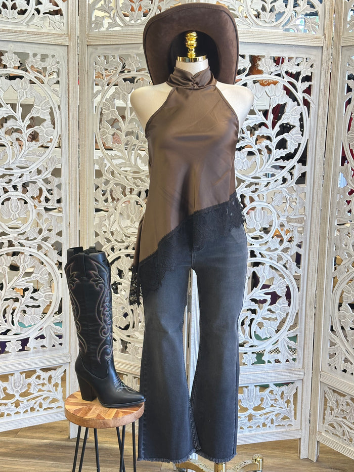 High Low Satin Lace Trim Blouse