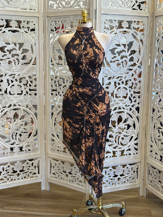 High Neck Brown and Black Midi Dress-Estira, Stretchy