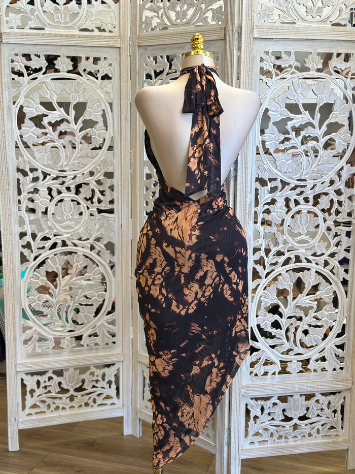 High Neck Brown and Black Midi Dress-Estira, Stretchy