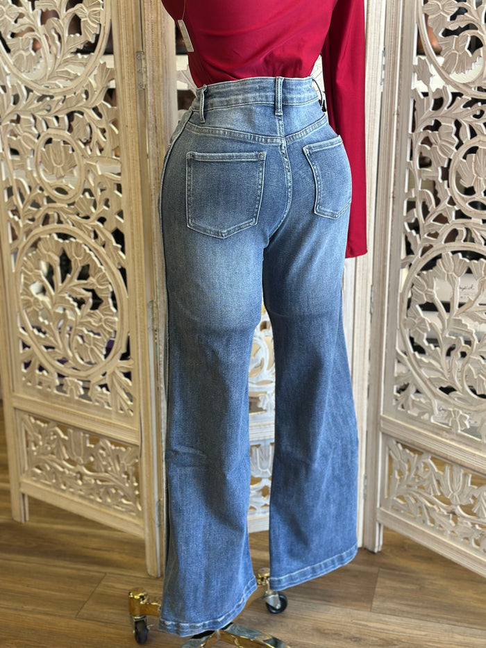 High Rise Denim Medium Wide Leg Jeans - Stretchy, Estira