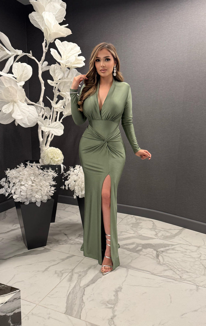 High Slit Knotted Olive Dress - Estira, Stretchy