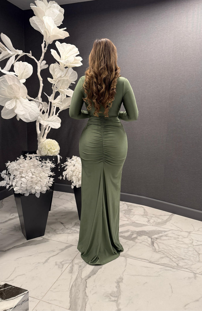 High Slit Knotted Olive Dress - Estira, Stretchy