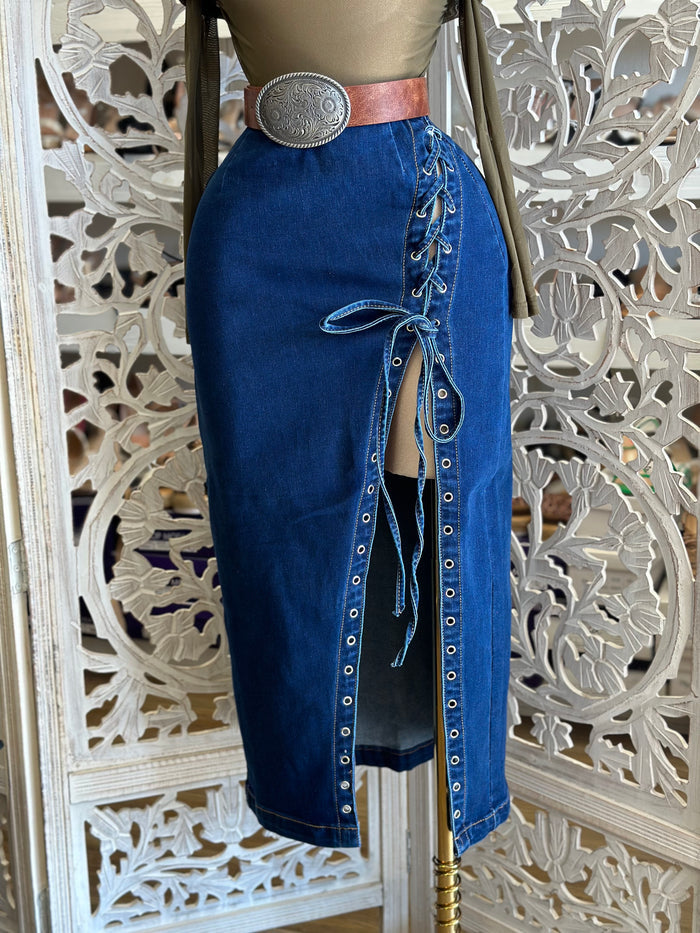 High Slit Tie Up Denim Skirt- Estira, Stretchy