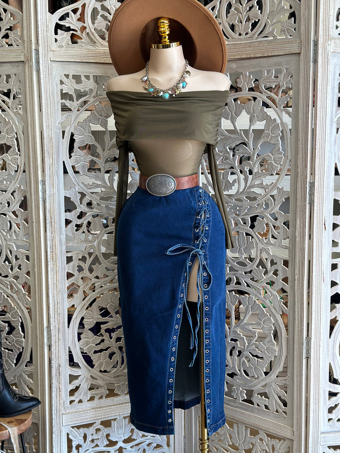 High Slit Tie Up Denim Skirt- Estira, Stretchy