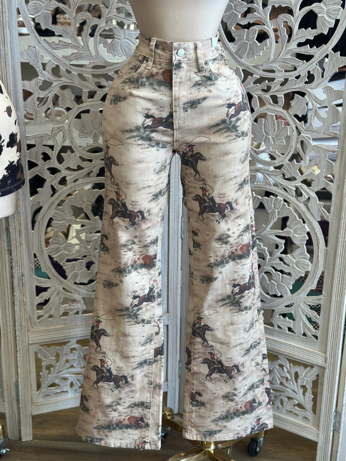 Horse Print Western Jeans - Slightly Stretchy, Estira Poco