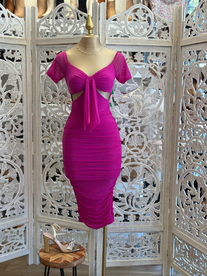 Magenta Bow Ruched Dress