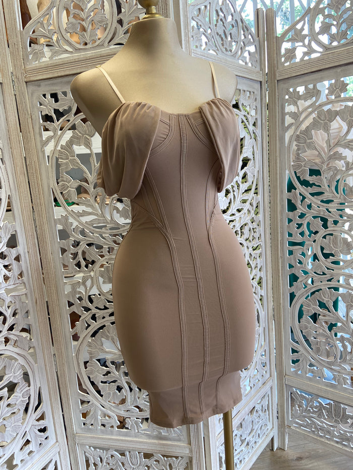 Nude Lined Off Shoulder Dress