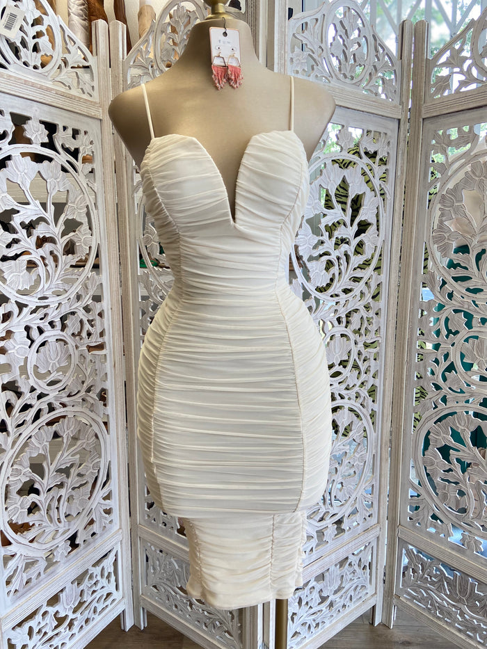 Ivory V Ruched Bodycon Dress