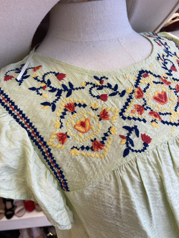Green Embroidered Short Sleeve Top