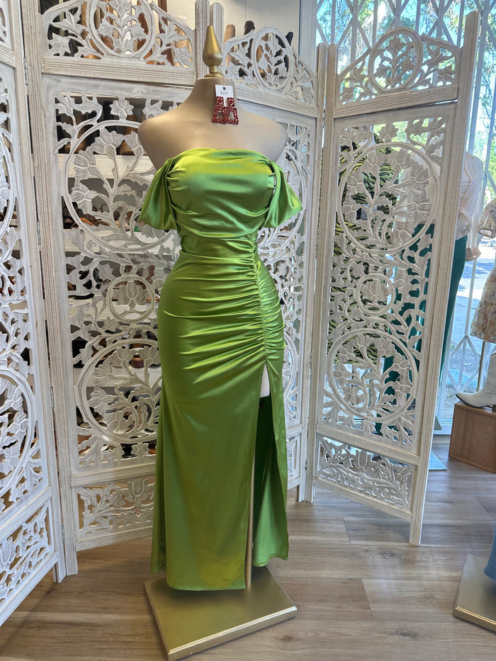 Green Off Shoulder Satin Ruched Dress