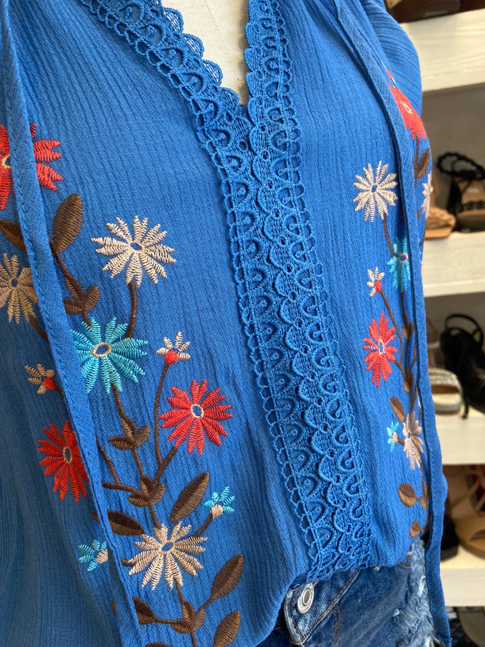 Lace Trim Blue Embroidered Blouse