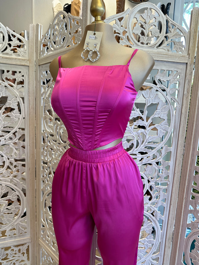 Hot Pink Satin Corset Set
