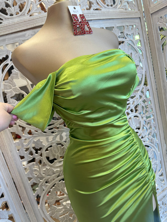 Green Off Shoulder Satin Ruched Dress