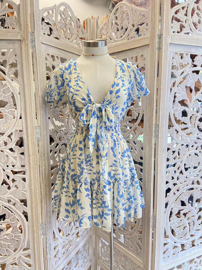 Tie Front Blue Petal Print Dress