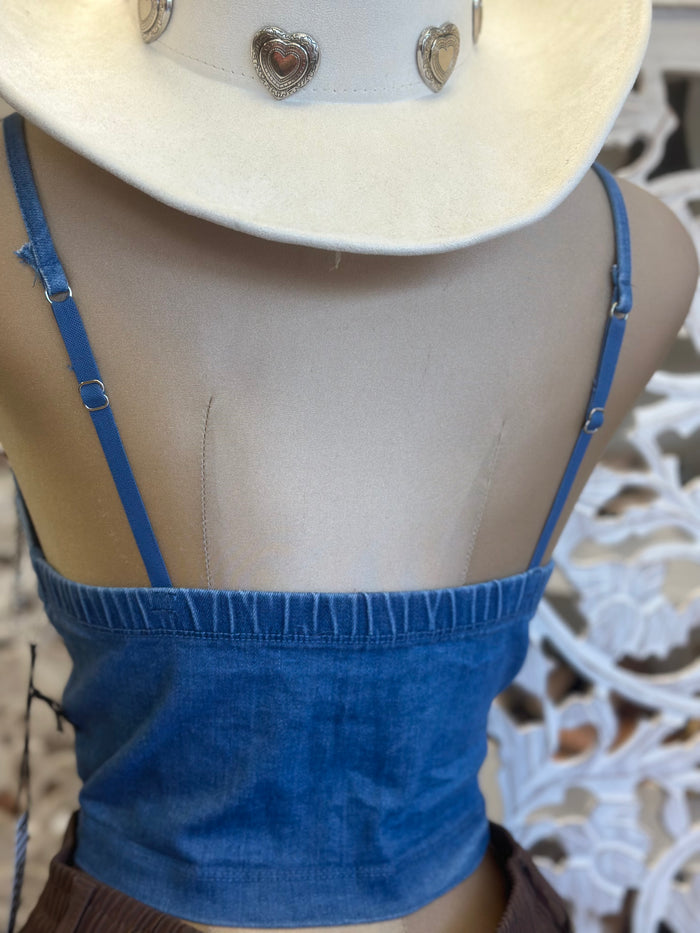 Denim Rhinestone Fringe Top