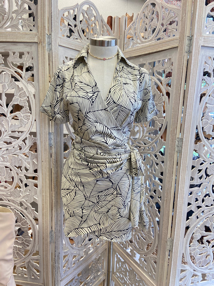 Ivory Wrapped Collard Print Dress