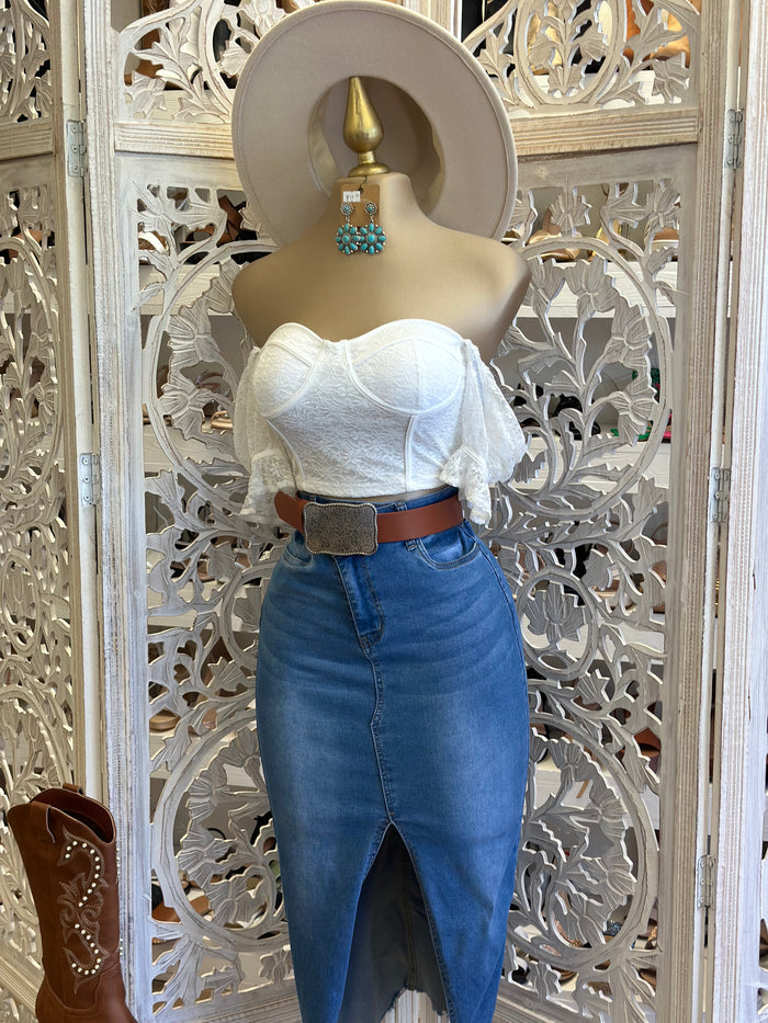 Midi Button Fly Denim Skirt