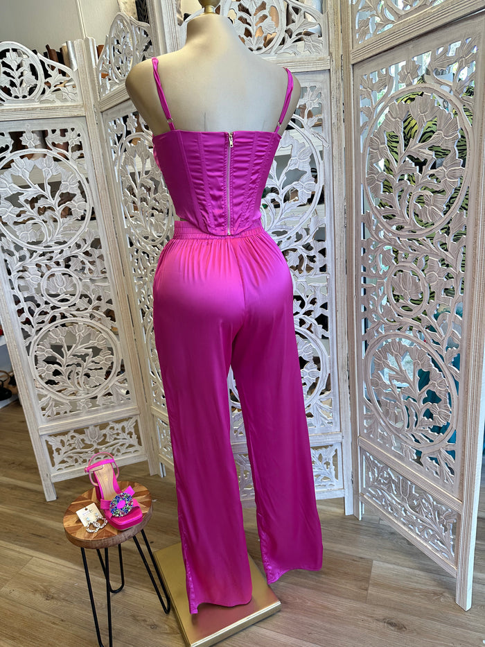 Hot Pink Satin Corset Set
