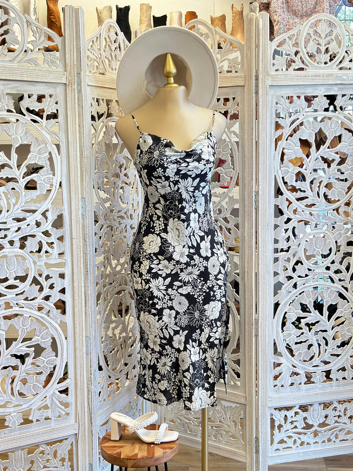 Black Flower Cowl Neck Midi Dress