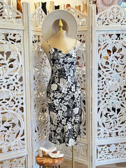 Black Flower Cowl Neck Midi Dress
