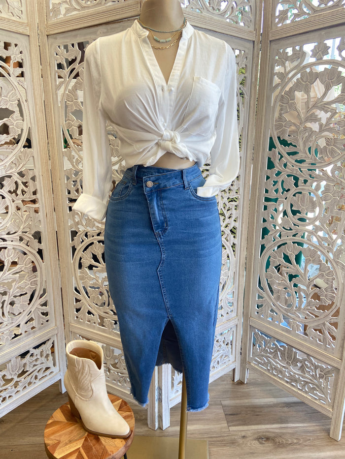 Midi Button Fly Denim Skirt