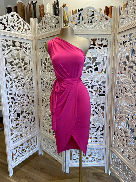 Hot Pink One Sleeve Draped Dress