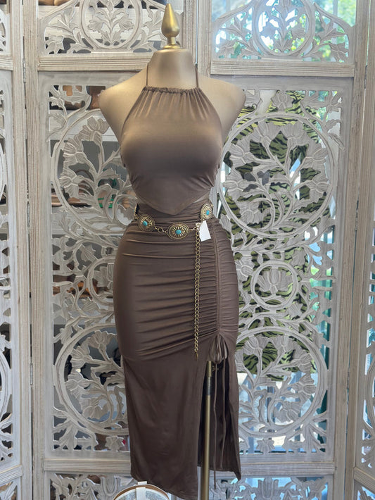 Taupe Halter Ruched Set