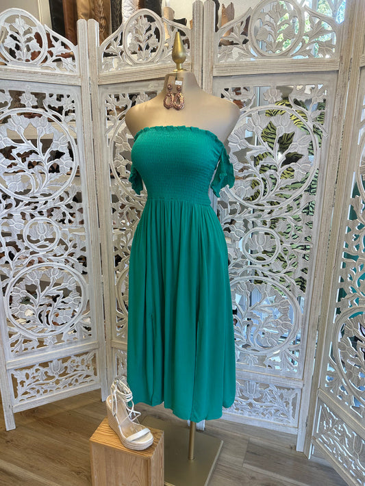 Green Smocked Midi Dress