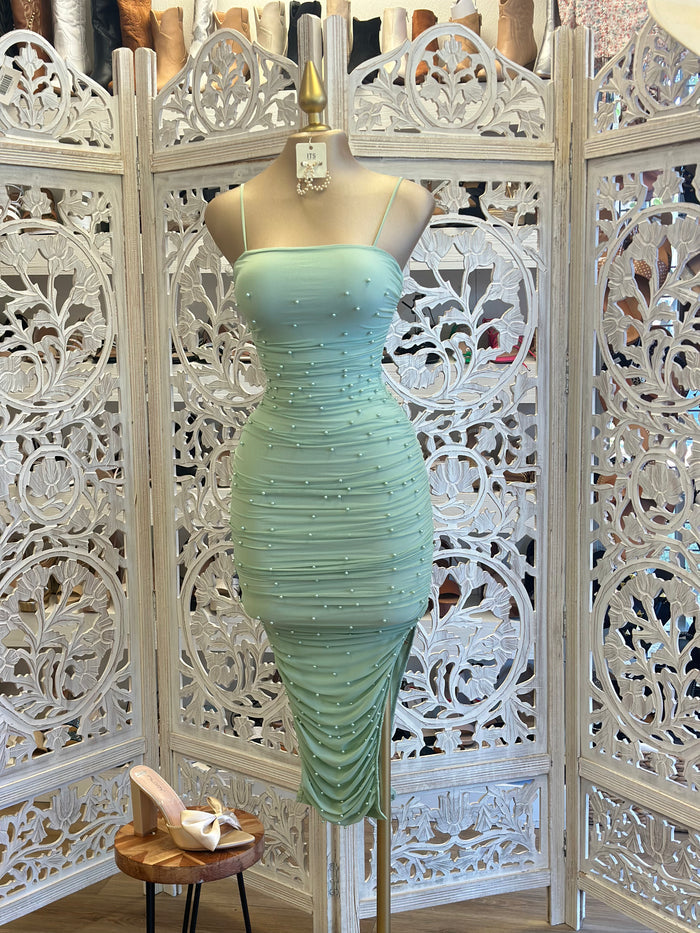 Green Pearl Detail Dress- Stretchy, Estira