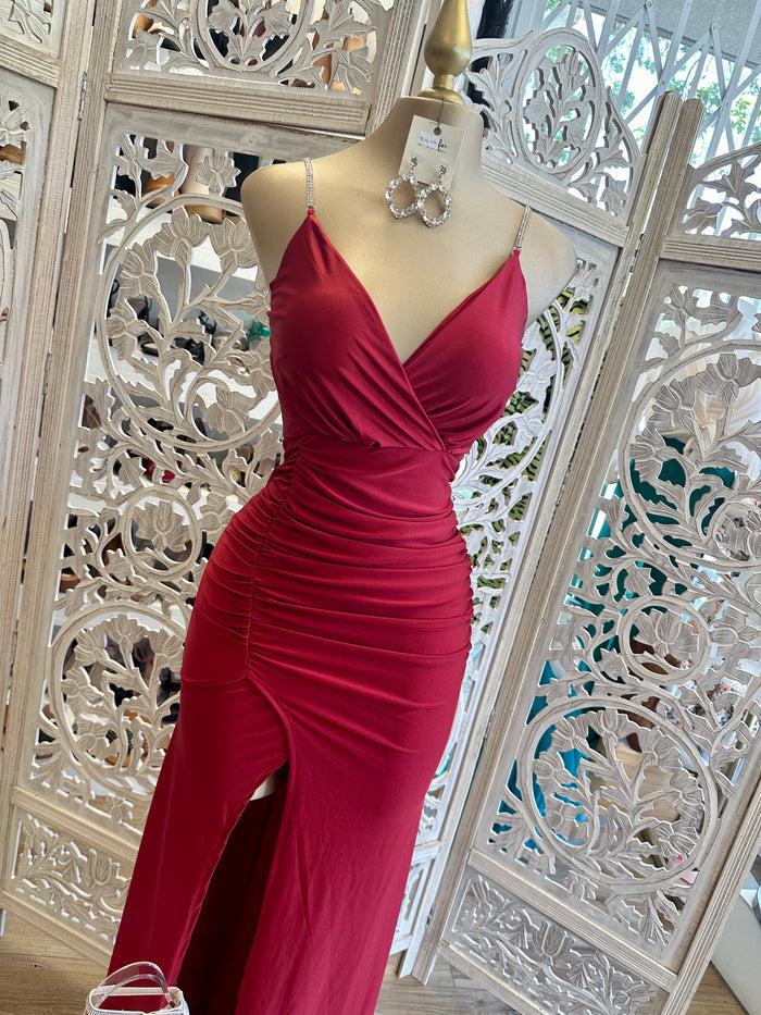 Wine Rhinestone Strap Dress