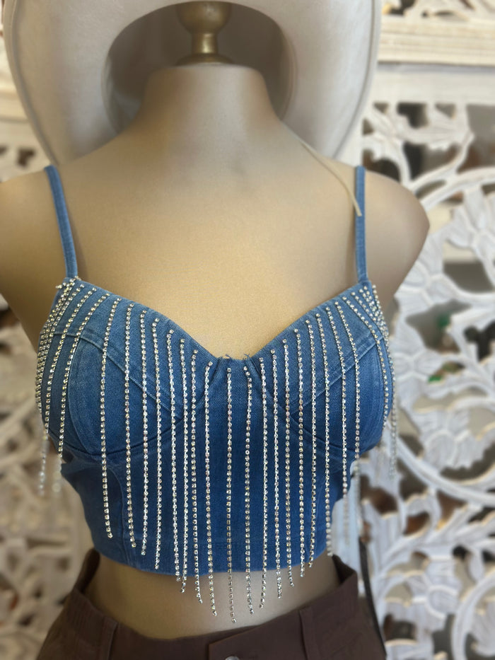 Denim Rhinestone Fringe Top