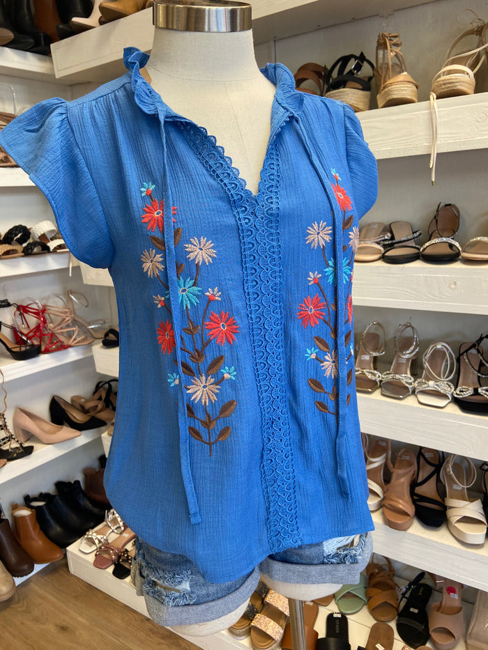 Lace Trim Blue Embroidered Blouse