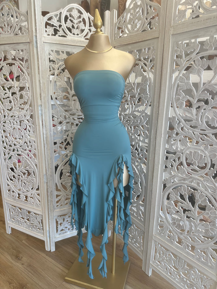 Blue Strapless Ruffled Dress