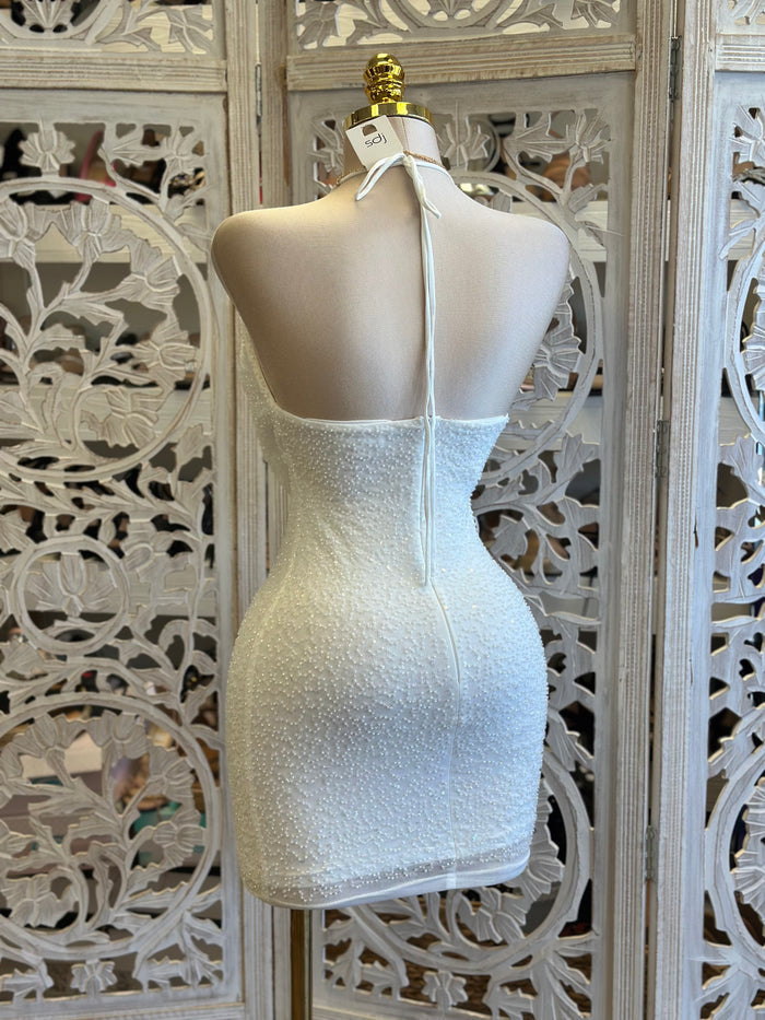 Ivory Cowl Neck Embellished Dress-Estira, Stretchy