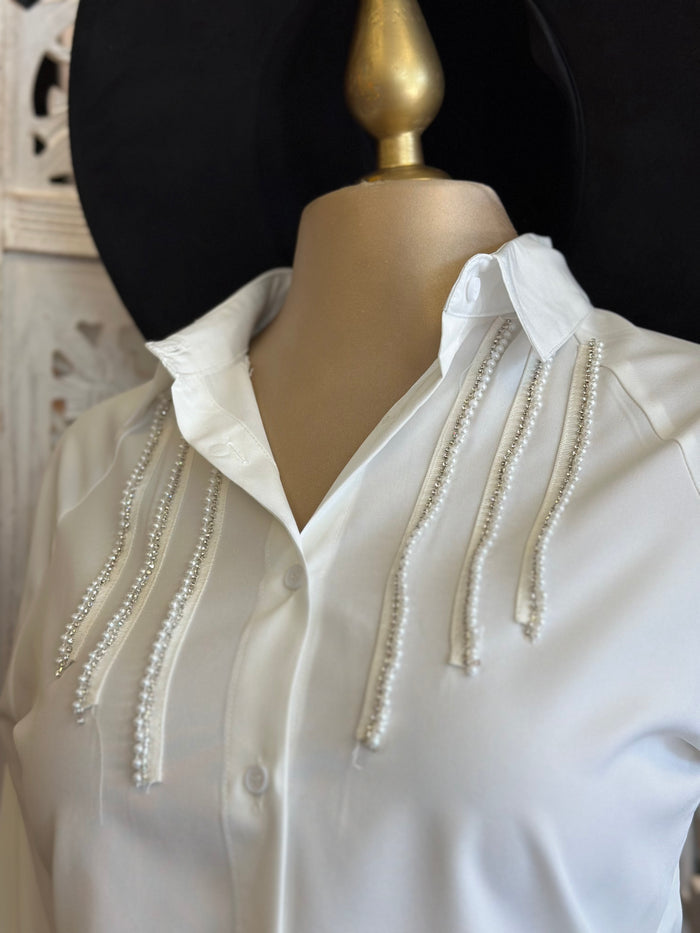 Ivory Dainty Rhinestone Blouse- Stretchy