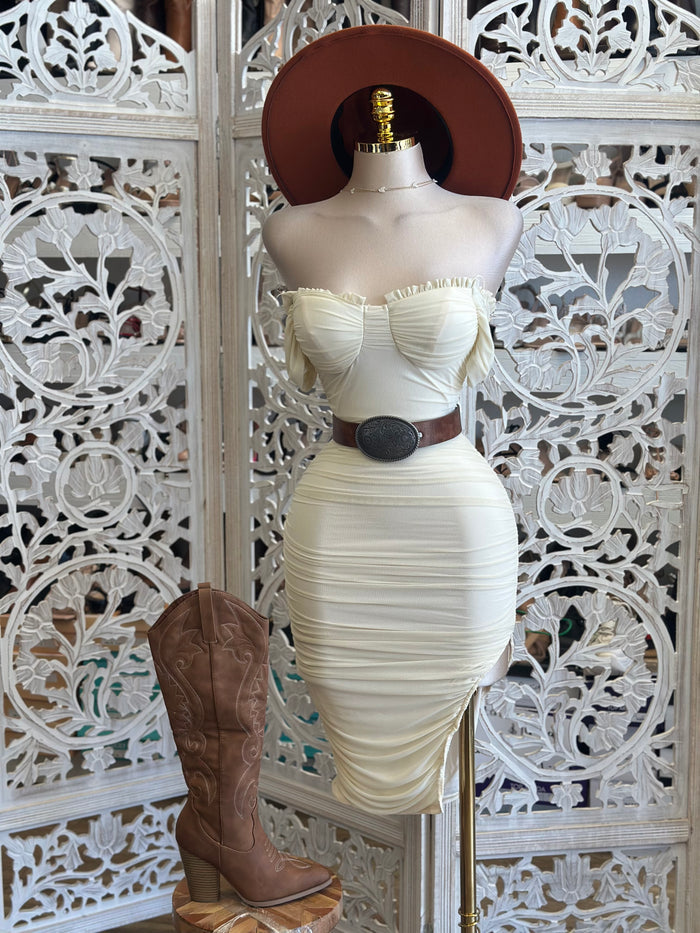 Ivory Off Shoulder Midi Dress- Stretchy, Estira