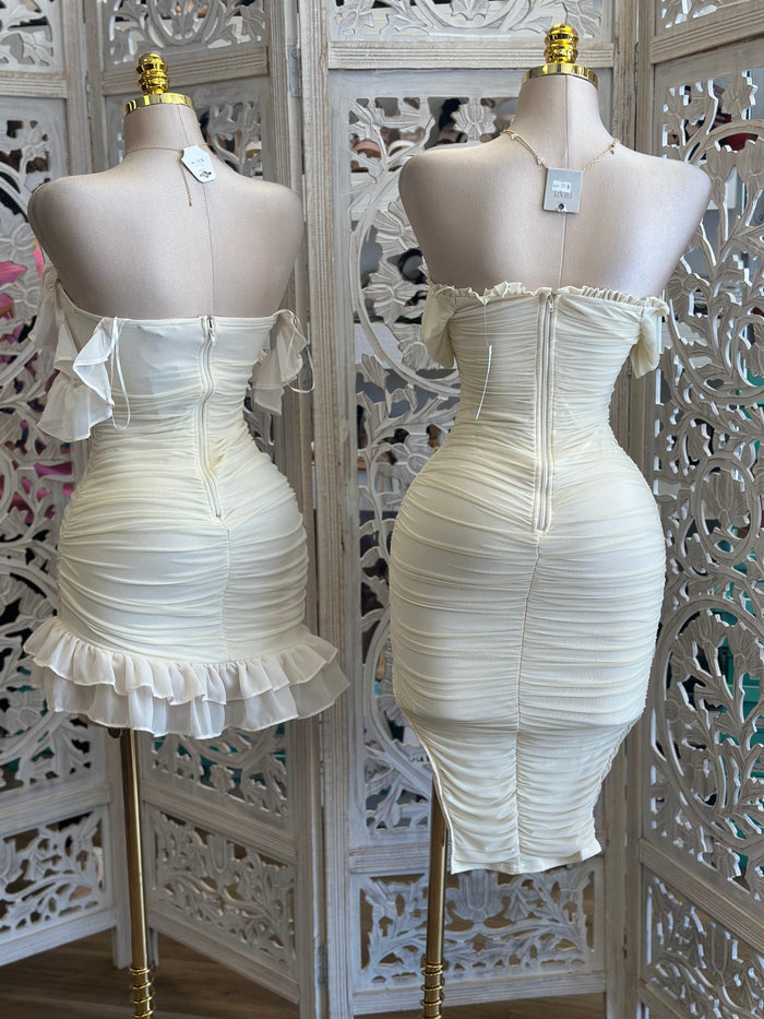 Ivory Off Shoulder Midi Dress- Stretchy, Estira