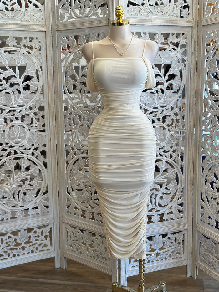Ivory Ruched Midi Dress- Stretchy , Estira