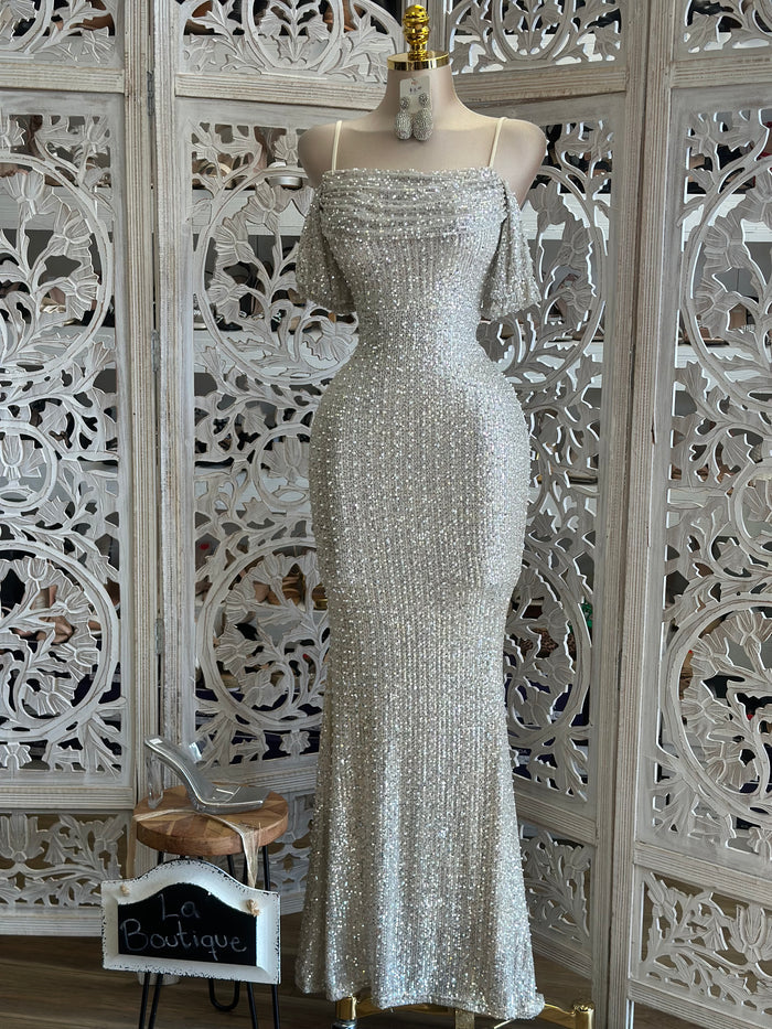 Ivory Sequin and Pearl Detail Formal Dress- Stretchy,Estira