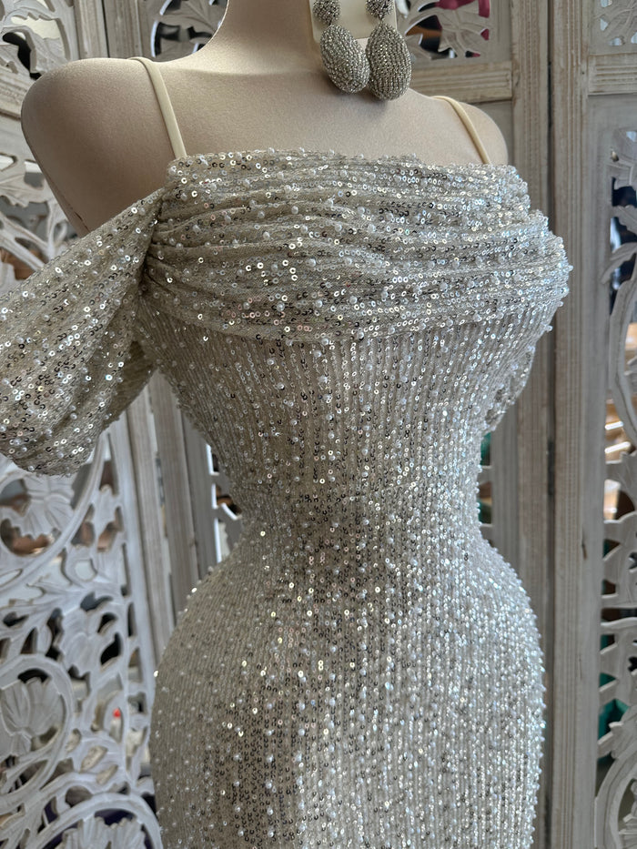 Ivory Sequin and Pearl Detail Formal Dress- Stretchy,Estira