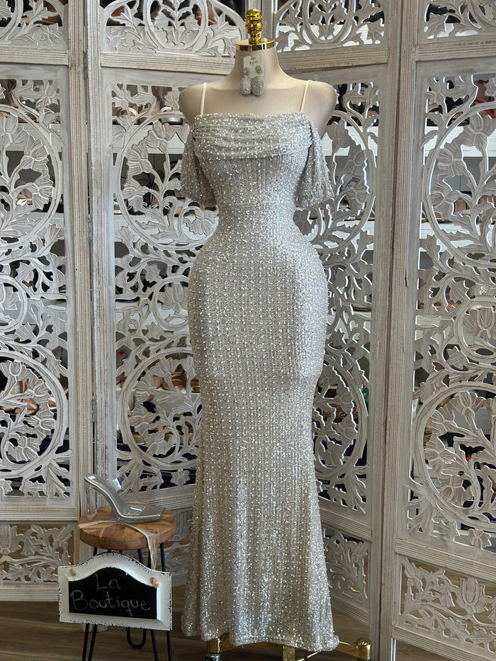 Ivory Sequin and Pearl Detail Formal Dress- Stretchy,Estira