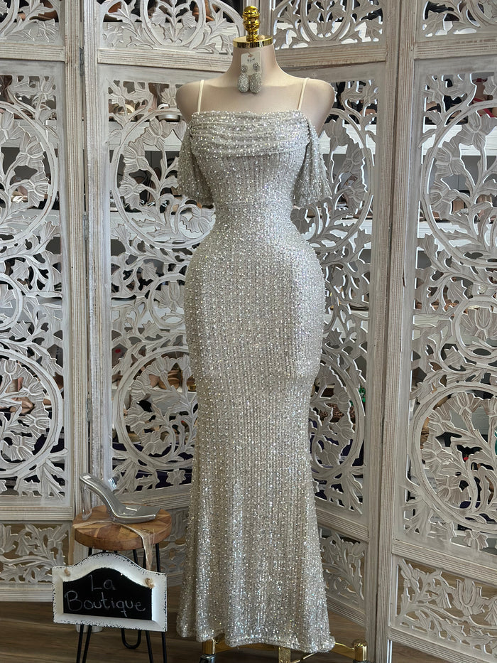 Ivory Sequin and Pearl Detail Formal Dress- Stretchy,Estira