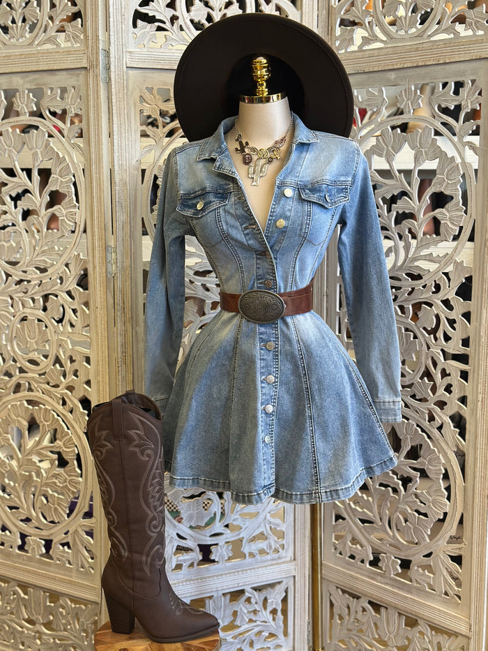 Jean Button Up Flare Mini Dress-Estira, Stretchy