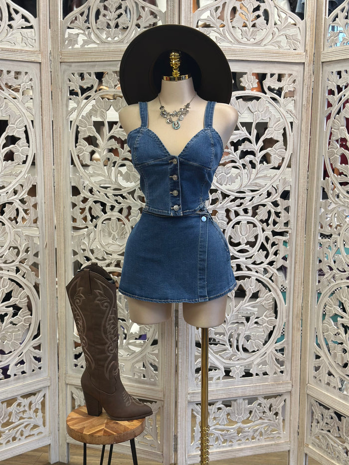Jean Button Up Mini Skirt Set- Estira Poco , Slightly Stretchy