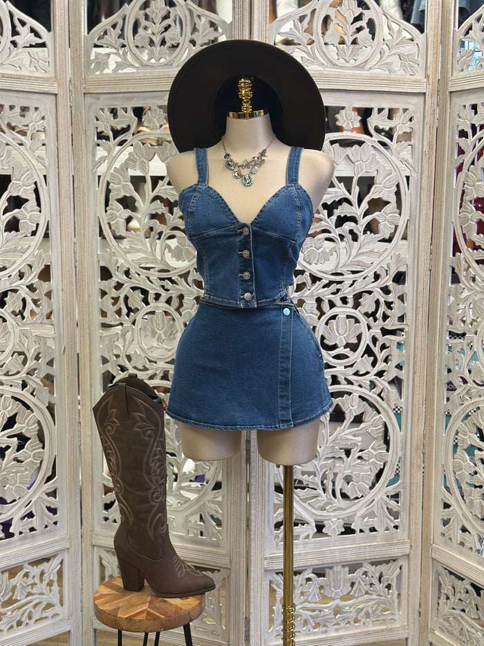 Jean Button Up Mini Skirt Set- Estira Poco , Slightly Stretchy