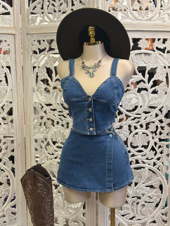 Jean Button Up Mini Skirt Set- Estira Poco , Slightly Stretchy