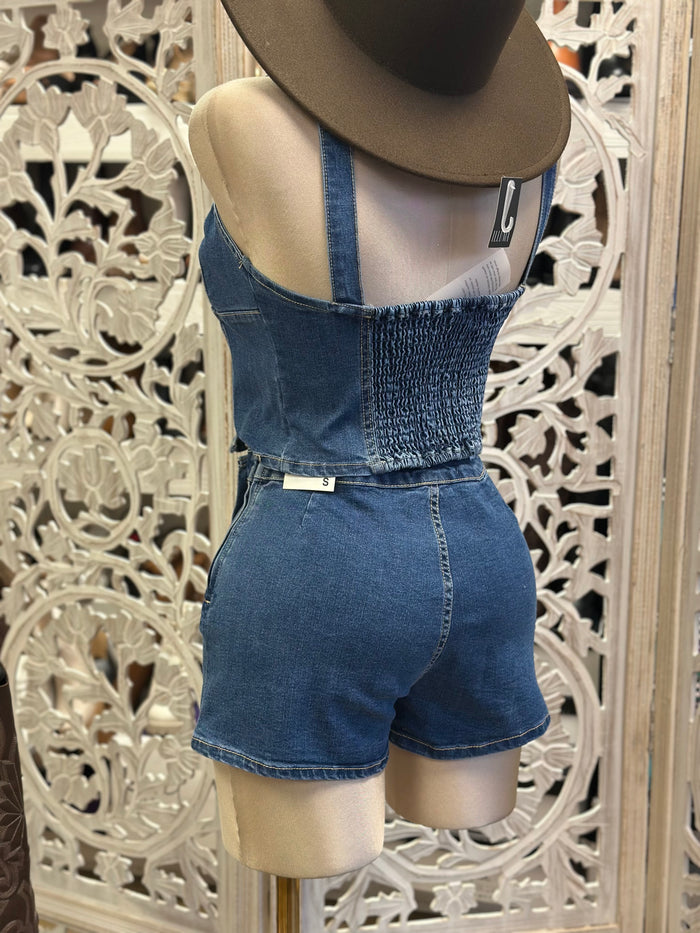 Jean Button Up Mini Skirt Set- Estira Poco , Slightly Stretchy