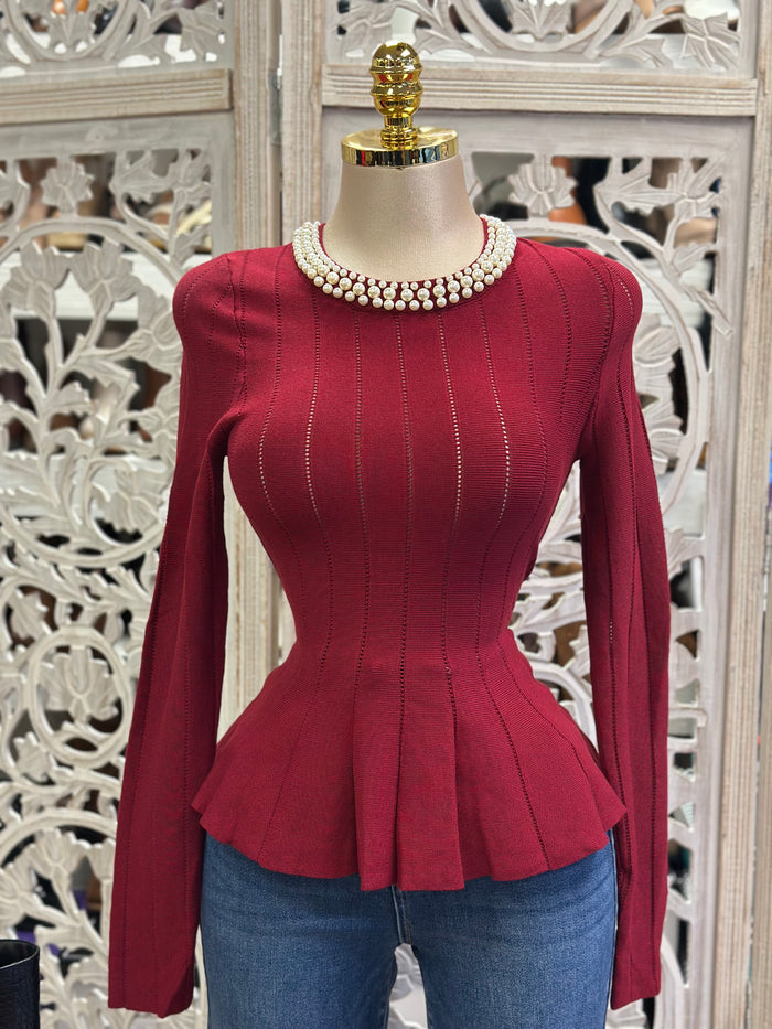 Knitted Deep Red Pearl Top- Estira, Stretchy