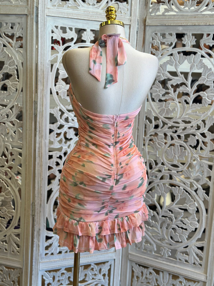 Knotted Backless Mini Ruffle Dress- Stretchy, Estira