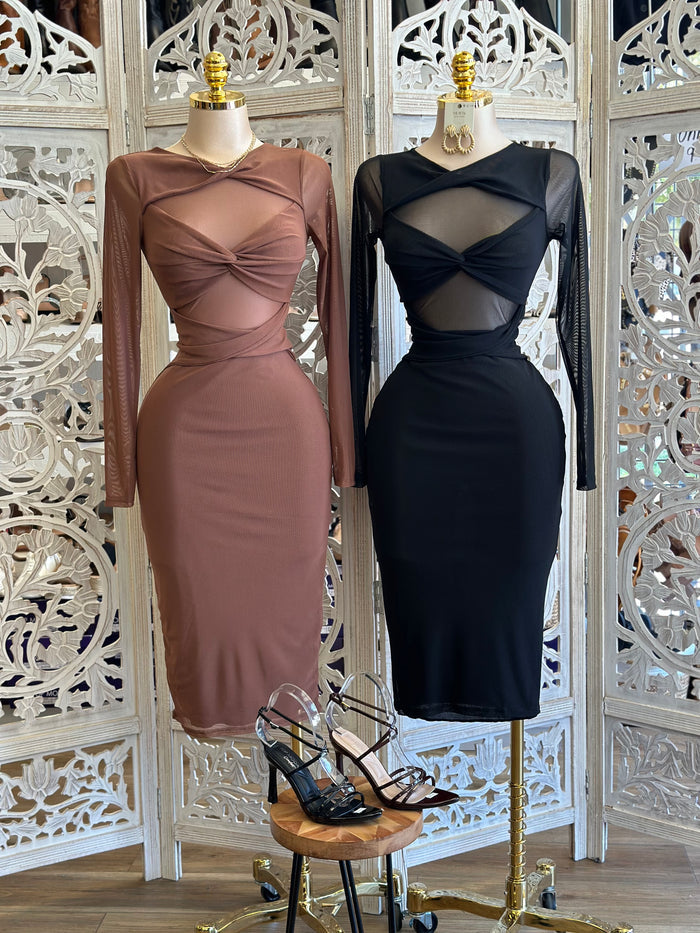 Knotted Long Sleeve Mesh Midi Dress - Estira, Stretchy